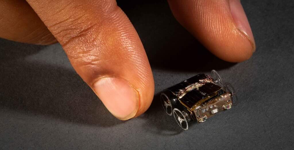 Researchers at the University of Washington have now created MilliMobile, a tiny, self-driving robot powered only by surrounding light or radio waves. It’s about the size of a penny and can run indefinitely on harvested energy. Courtesy: Mark Stone, University of Washington