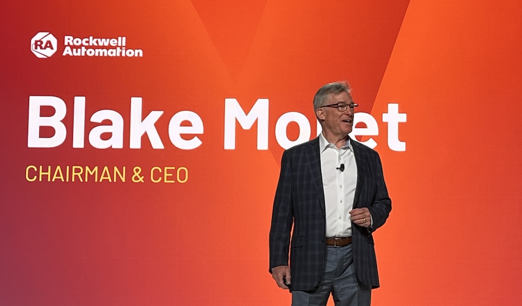 Blake Moret, chairman and CEO of Rockwell Automation, delivering the keynote address at Automation Fair 2023 in Boston. 