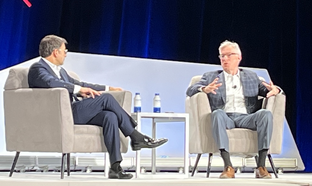 Judson Althoff (left), CCO of Microsoft, discuss manufacturing trends and themes with Blake Moret, chairman and CEO of Rockwell Automation. 