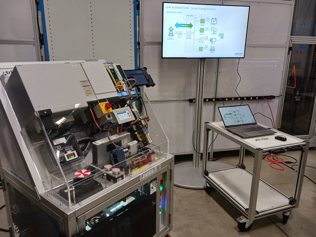 Figure 6: Smart energy control application using Bosch Rexroth ctrlX Automation was demonstrated in a press event Nov. 1, previewing SPS 2023 announcements. The demo includes a battery, ac to dc and dc to ac power conversion and energy monitoring. 