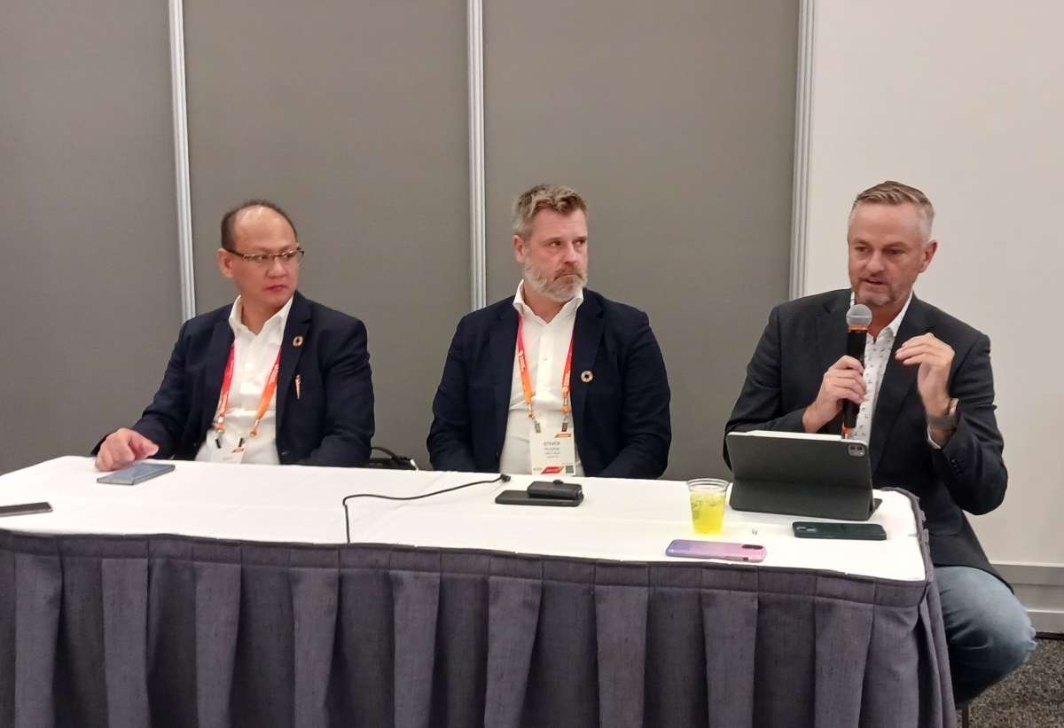 Sustainability was the topic of a media and analysts’ session at the Automation Fair from Rockwell Automation. From left, panelists were: Scott Kongkitisupchai, engineering director, LanzaTech Inc., a carbon recycling company; Steven Peleman, chief executive officer, Triple Helix, a Belgium-based “molecules as a service” company that recycles molecules in foam from furniture, car seats and mattresses; and James Stewart Hynd, chief executive officer, Energy Drive Systems, which lowers energy related costs and helps sustainability goals using variable-speed drives. Courtesy: Mark T. Hoske, Control Engineering 