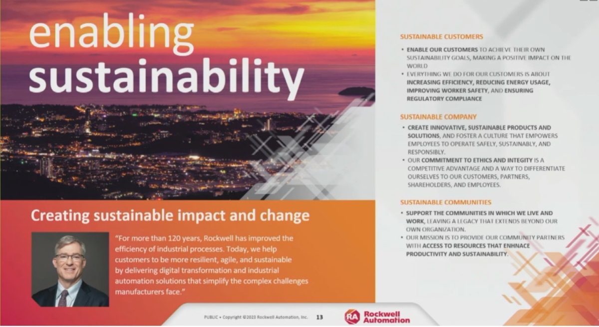 Rockwell Automation said sustainability efforts need to help customers, manufacturers and communities, explained Tom O’Reilly, vice president, sustainability, Rockwell Automation, at LNS IX2023, The Industrial Transformation Event. Courtesy: Mark T. Hoske, Control Engineering