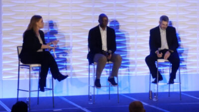 Panelists consider how digital transformation fits into redefined environmental, sustainability and governance (ESG) initiatives at LNS IX2023, The Industrial Transformation Event, organized by LNS Research. Allison Kuhn (left), research analyst, LNS Research, served as a panel moderator. Panelists to her right are Ellis Jones, sustainability leader and independent director, TimkenSteel Co.; Mike Carroll, vice president, innovation, Georgia-Pacific; and Tom O’Reilly, vice president, sustainability, Rockwell Automation. Courtesy: Mark T. Hoske, Control Engineering
