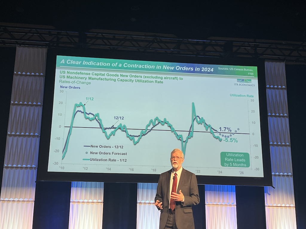 Many manufacturers will be doing a slow walk when they should be spending now to get ahead of economic trends, said economist Alan Beaulieu in his presentation “Anticipate Business Cycle Changes,” at the A3 Business Forum in Orlando. Courtesy: Chris Vavra, CFE Media and Technology