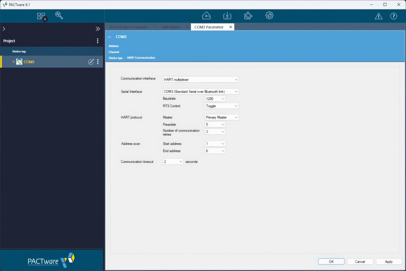 HART Comm DTM from CodeWrights GmbH in multiplexer support mode. 