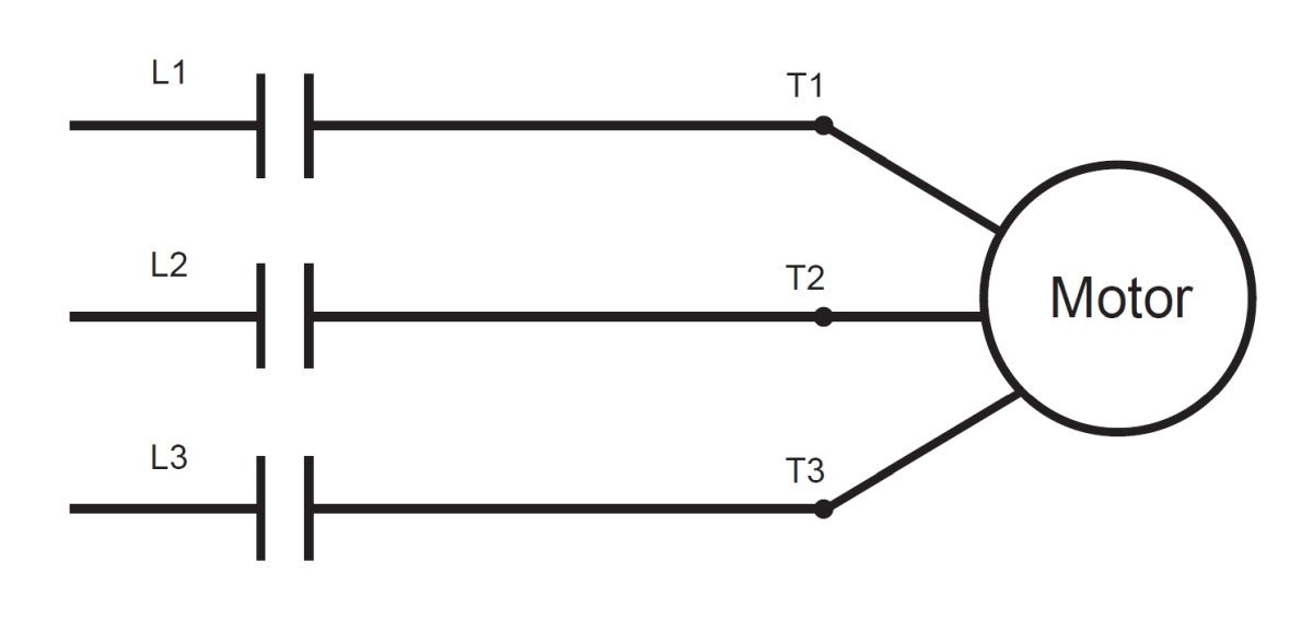 Figure 3: A diagram shows an across-the-line motor-starting circuit. Subjecting motor stator windings to line voltage and current may shorten a motor’s useful life compared to using a soft starter or variable frequency drive (VFD).
