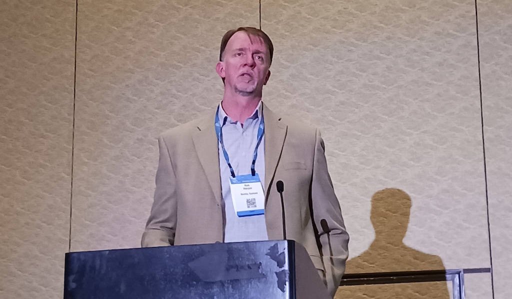 Figure 1: Rob Harper, director of energy product management, Bentley Systems Inc., explained benefit of digital twin and project management software to media and analysts at a 2024 ARC Leadership Forum news conference.