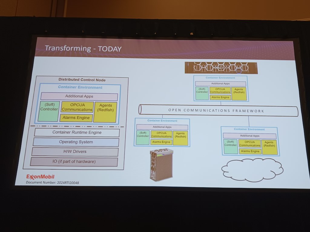 Figure 5: Diagram shows how a containers application enables an app store concept for applications, running control, communications and alarm engines, with potential to add apps to increase system capabilities. From the dotted line down, it’s a computer and can deploy quickly: 18 minutes out of the box to operating a controller, said Dave Hedge technology architect, IT Fellow, ExxonMobil Technology and Engineering, at the 2024 ARC Industry Forum. 
