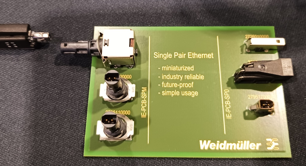 Figure 2: Weidmuller mounted Single-Pair Ethernet (SPE) connector options for comparison at the DigiKey booth at the Automate 2024 event by A3, the Association for Advancing Automation, in Chicago. 