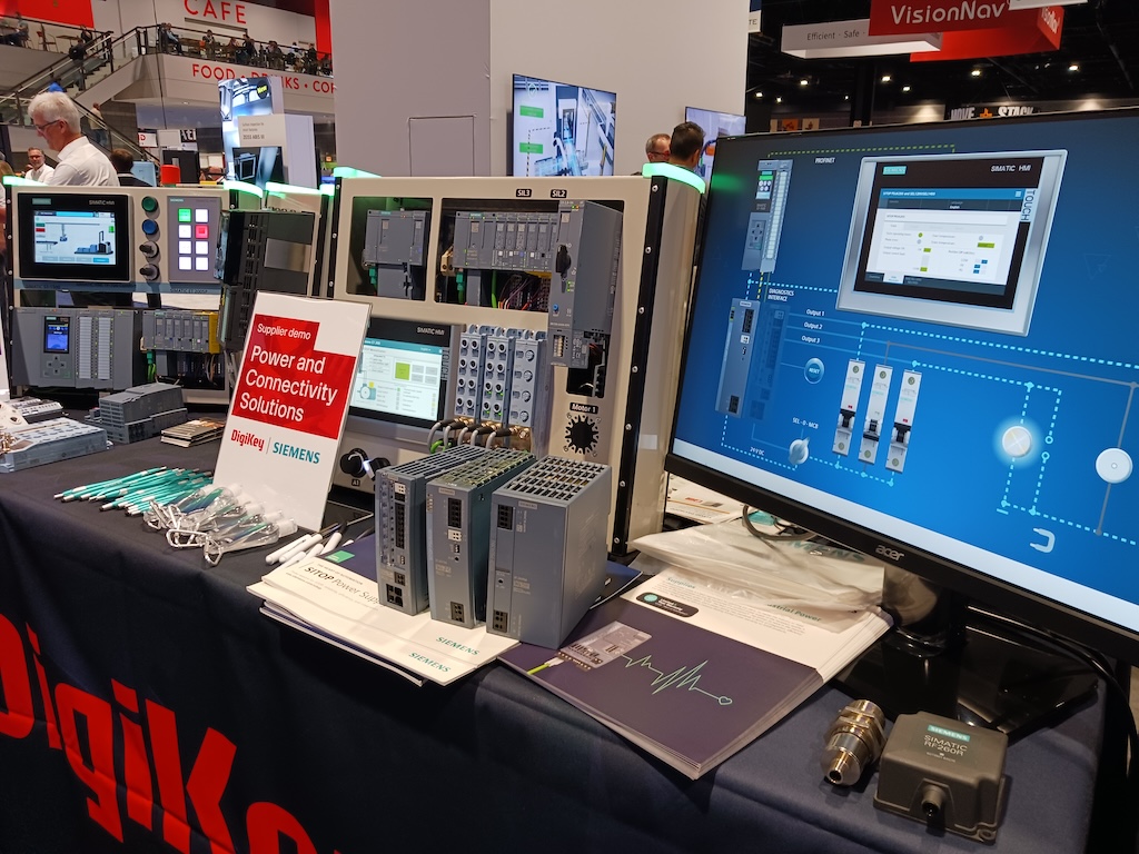 Figure 4: Siemens display at the DigiKey booth at the Automate 2024 event by A3, the Association for Advancing Automation, in Chicago, included controllers, drives, human-machine interface, I/O modules and power supplies for on-machine and in-cabinet automation use. Bottom middle are Siemens Sitop power supplies. 