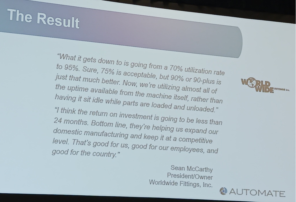 Figure 3: Worldwide Fittings moved from 70% utilization rate in a CNC application to more than 90% using a robot for machine tending, as explained by Patrick Varley, product marketing manager (mechatronics), Mitsubishi Electric Automation Inc. Varley spoke at Automate 2024 by A3, the Association for Advancing Automation, in Chicago. 