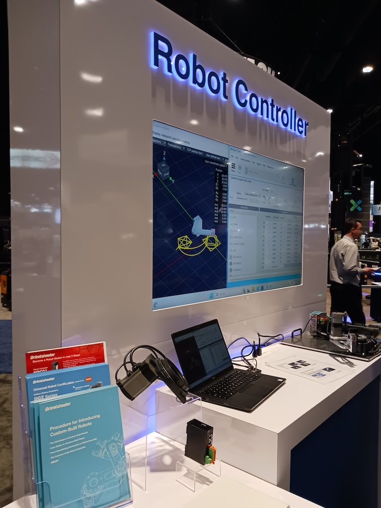 Figure 4: Robot controller display from Oriental Motor USA explains how to custom-build robots. Extra materials available discuss robot certification, the DGII Series rotary actuator and how to become a robot master in 3 steps, at the Oriental Motors USA exhibit at the Automate 2024 event by A3, the Association for Advancing Automation, in Chicago. 