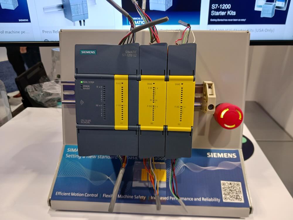 Figure 2: Siemens Simatic S7-1200 G2 PLC, “setting a new standard in basic automation,” is said to offer efficient motion control, flexible machine safety, and increased performance and reliability, as shown at the Siemens booth, at Automate 2024 event by A3, the Association for Advancing Automation, in Chicago. In the U.S., Siemens offers S7-1200 starter kits. Courtesy: Mark T. Hoske, Control Engineering