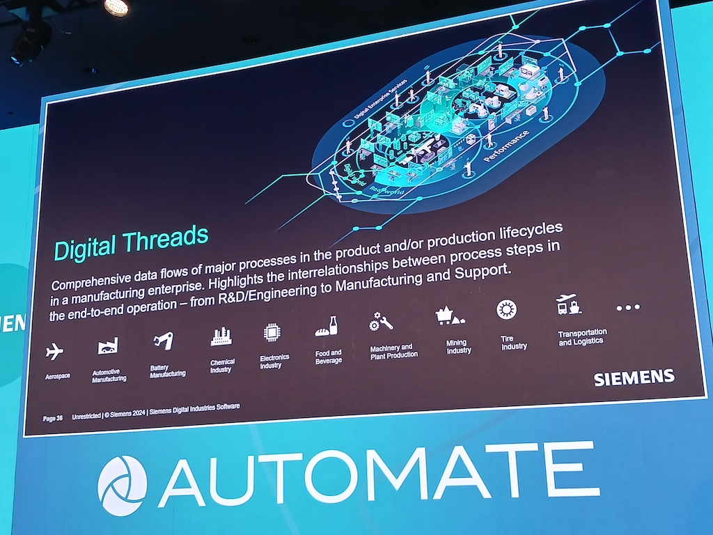 Figure 2: Combining real and digital worlds can solve real-world problems with efficiency and resiliency, creating a digital enterprise, said Del Costy, Siemens president and managing director, Siemens Digital Industries, in a keynote presentation at Automate 2024 by A3, the Association for Advancing Automation, in Chicago. 