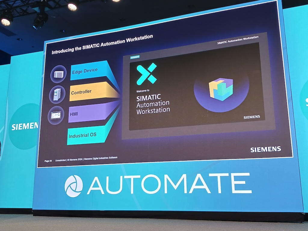 Figure 4: In a collaboration with Ford Motor Co., the new Siemens Simatic Automation Workstation pre-integrates a hardware-based edge device, virtual controller, human-machine interface (HMI) and industrial OS, said Del Costy, Siemens president and managing director, Siemens Digital Industries, in a keynote presentation at Automate 2024 by A3, the Association for Advancing Automation, in Chicago. 