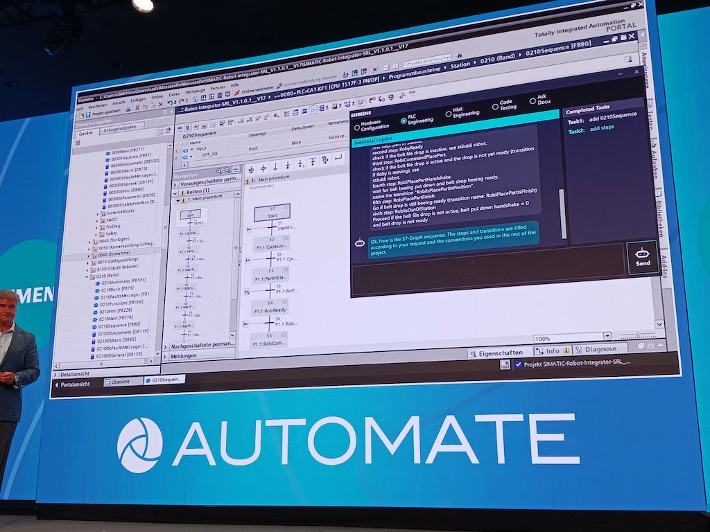 Figure 5: In a Siemens partnership with Microsoft, the Siemens Industrial Co-Pilot uses AI to do things that need to be done at the speed of relevancy. The software tool enables experts to produce or update programming “more quickly and effectively, pretty much error free,” said Del Costy, Siemens president and managing director, Siemens Digital Industries, in a keynote presentation at Automate 2024 by A3, the Association for Advancing Automation, in Chicago. 