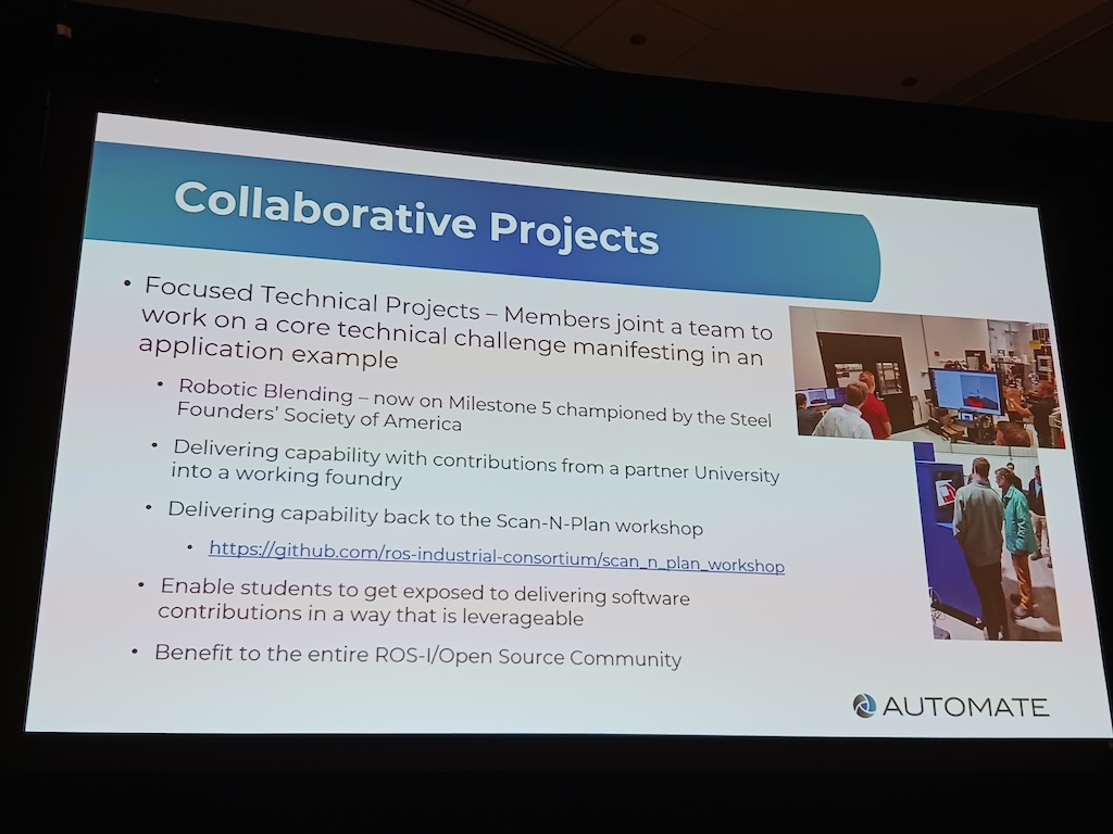 Figure 2: Southwest Research Institute (SwRI) by collaborating with others works to advance open-source robotics tools onto the factory floor through ROS-Industrial support team, universities, open-source community development, government and industry partnerships, explained Matthew Robinson, ROS-Industrial Consortium Americas program manager, SwRI, at Automate 2024 by A3, the Association for Advancing Automation, in Chicago. 