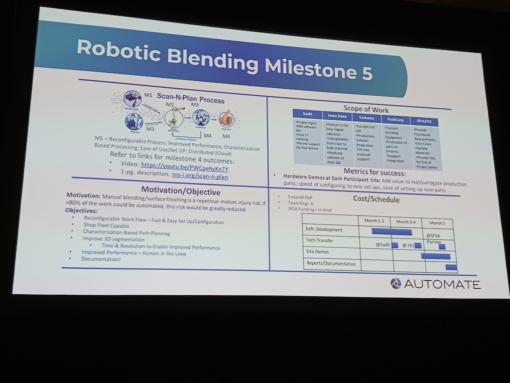 Figure 3: Robotic blending (surface grinding and smoothing) is among collaborative technical projects providing benefits to the ROS-I open-source community, said Matthew Robinson, ROS-Industrial Consortium Americas program manager, Southwest Research Institute (SwRI) in his conference session, “Developing a high-mix capability through open-source collaborative initiatives,” at Automate 2024 by A3, the Association for Advancing Automation, in Chicago. See related video clips. 