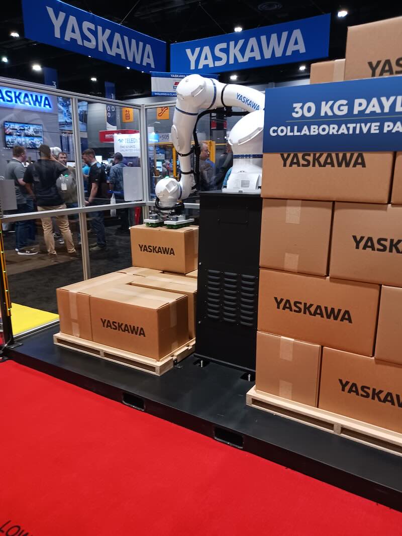 Figure 3: Yaskawa Motoman’s HC30PL Collaborative Robot is a six-axis human-collaborative robot that facilitates safe and efficient fenceless palletizing, and can be used in select handling, packaging and logistical applications of demanding production environments. It has 30 kg payload and 1,700 mm maximum reach, as seen at the Automate 2024 event by A3, the Association for Advancing Automation, in Chicago. Courtesy: Mark T. Hoske, Control Engineering