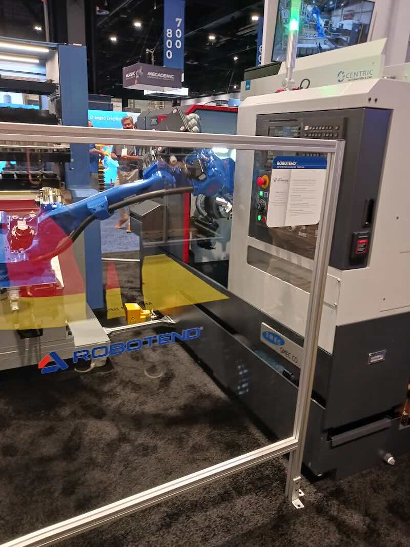 Figure 5: Robotend Automated Machine Tending workcell by Vista Automation, at Automate 2024, is compatible with multiple computer numerical control (CNC) vendors, uses a Yaskawa Motoman robot, but doesn’t require robot programming. It was at the Yaskawa booth at Automate 2024 event by A3, the Association for Advancing Automation, in Chicago. Courtesy: Mark T. Hoske, Control Engineering