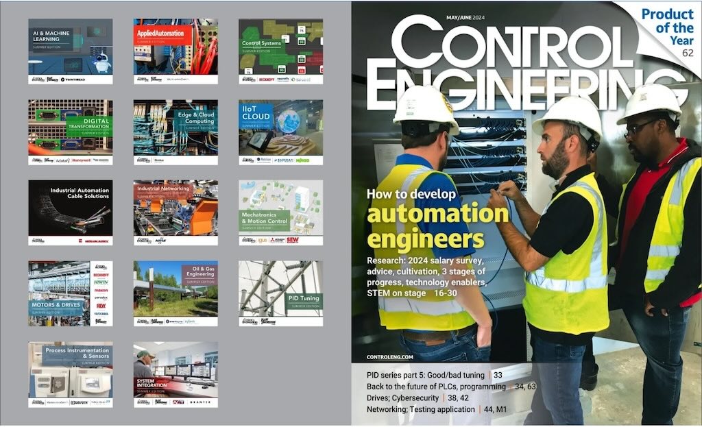 At right, the cover image Control Engineering May/June 2024 digital edition previews the automation workforce development topics and salary survey as well as other automation, control and instrumentation topics. At left, the May/June digital edition of Control Engineering links to 14 eBooks on specific industrial automation topics. 