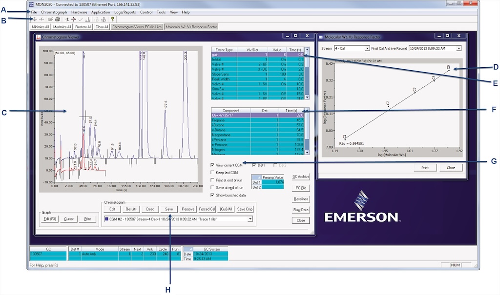 Figure 4: The GC software should include the following features, as shown above and listed below, along with a letter designation: a) Simple drop-down menus, b) access to multiple GCs, c) full measurement display, d) response factors, e) timed events table, f) listing of components, g) overlay reading on archived readings, and h) ability to save to a hard drive. 