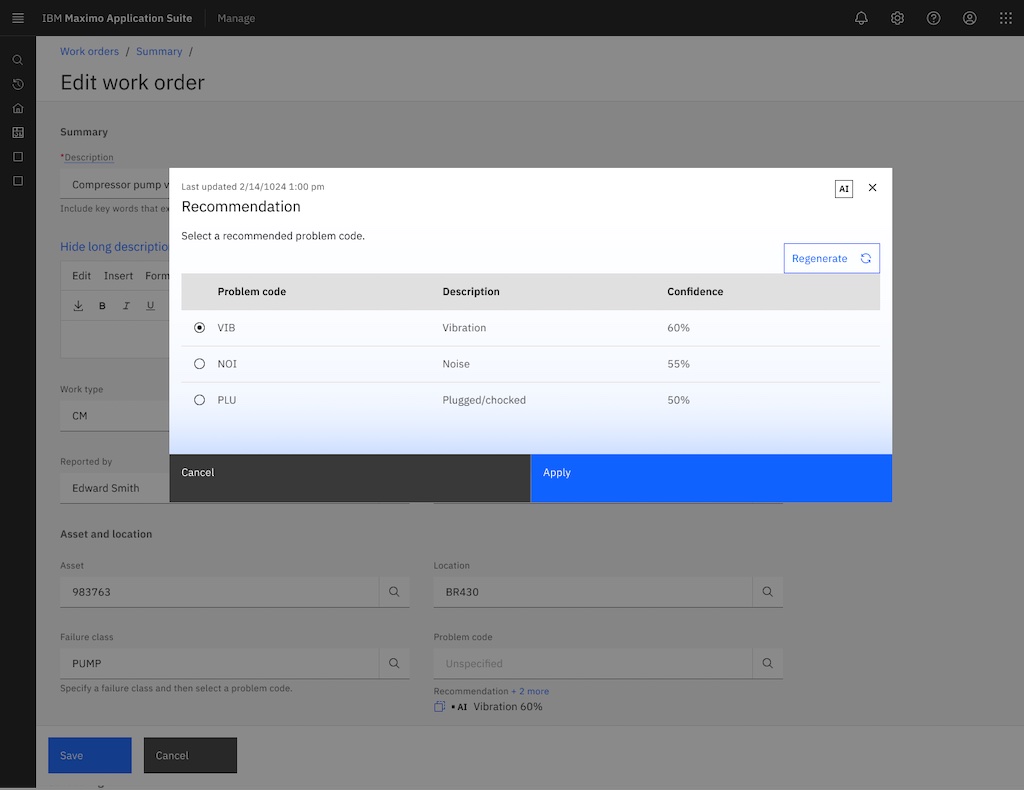Figure 1: IBM Maximo Work Order Intelligence uses generative AI to recommend possible failure codes, with a description and confidence level for each option. Courtesy: IBM