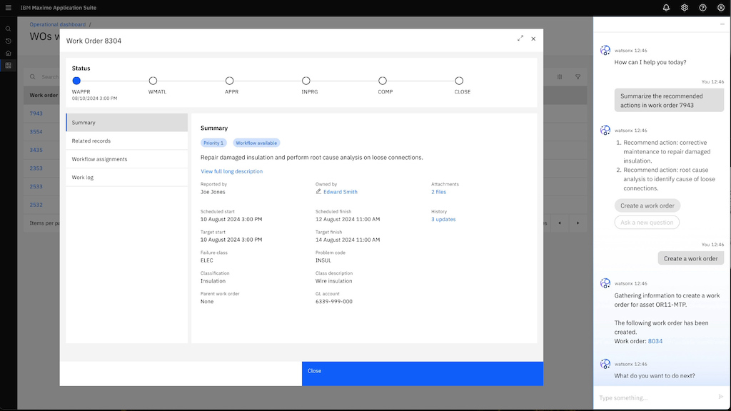 Figure 2: IBM Maximo Assistant uses conversational gen AI (right side) to help a user create a work order. Courtesy: IBM 