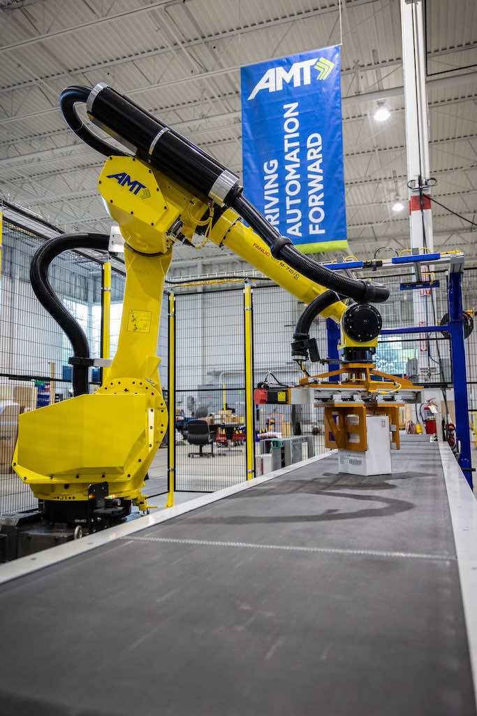 An overhead 2D camera communicated with the PLC to find the box on the conveyor. Courtesy: Applied Manufacturing Technologies (AMT)