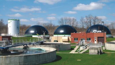 This photo shows a wastewater treatment plant and the anaerobic digesters that exist onsite to process the treatment plant’s sludge and turn it into a usable product—biogas—which can be cleaned to become RNG. Courtesy: Enbridge Gas Distribution Inc.