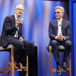 Apple CEO Tim Cook (left) and SAP CEO Bill McDermott discuss an expanded collaboration between the two companies around enterprise resource management. Image courtesy: SAP