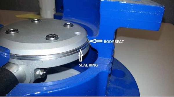 Figure 5: A triple-offset valve adds an elliptical seal ring to the disc and uses the offset shaft along with a beveled seat as shown in the cut-away photo. The seal ring on the disc is the sealing component on a triple offset butterfly valve when it is in contact with the beveled seat. Courtesy: Cross Company Process Instrumentation & Controls