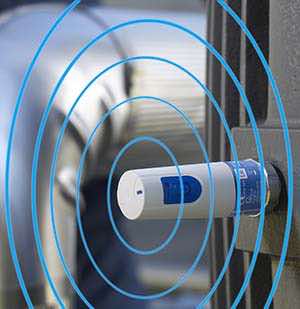 The SKF wireless machine condition sensor collects data on temperature, overall machine condition, and roll-ing element bearing. It has ATEX Zone 0 certification. Courtesy: SKF