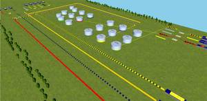 This screen shot displays Interactive graphical presentation of crude oil storage terminal model. Courtesy: Stream Systems
