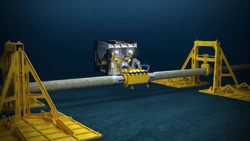 In this repair situation, the pipe lift frames are in place and the remote operated vehicle (ROV) is installing a smart clamp. Courtesy: Oceaneering