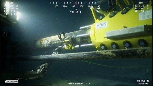 The smart clamp is fully installed on the subsea pipeline. Courtesy: Oceaneering