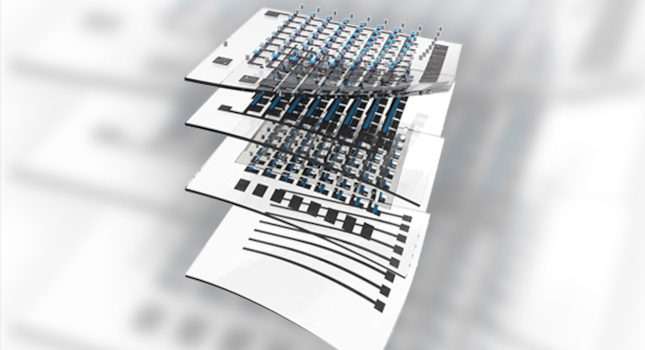 A diagram of a curvature-adjustable imager built with stretchable electronics that use n-type semiconductors sandwiched in between elastomers to limit the semiconductors’ typical brittleness. Courtesy: Cunjiang Yu/Penn State