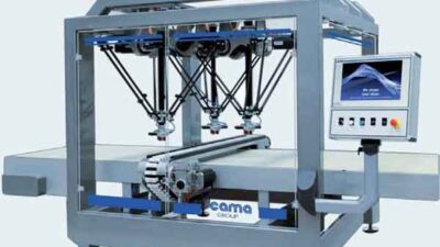 New delta robot system from Cama (Lecco, Italy) uses Rexroth IndraMotion MLC motion logic and control unit for packaging, IndraDrive and IndraDyn drive system, and IndraWorks engineering software. Courtesy: Bosch Rexroth.