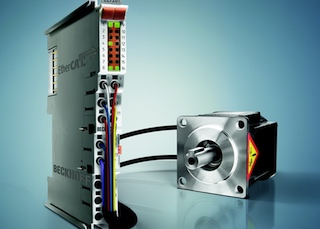 The EL7201 integrates a servo drive for motors up to 200 W into a 12mm I/O terminal housing for the EtherCAT terminal system. Courtesy: Beckhoff