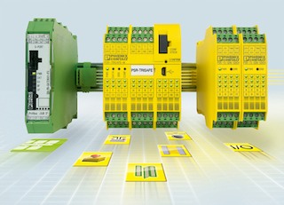 The PSR-TRISAFE/M can connect up to 10 safe digital I/O modules because of a T-bus system. Courtesy: Phoenix Contact