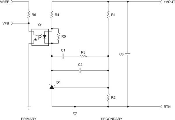 Figure 1. Typical feedback circuit for the TI TL431, three-terminal adjustable shunt regulator. Courtesy: Texas Instruments
