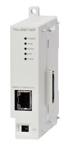 The FX3U-ENET-ADP by Mitsubishi Electric designed to be an alternative to micro PLC's to connect PLCs and HMIs. It also uses GX Works to create a direct connection and synchronizes a PLC's internal clock. Courtesy: Mitsubishi Electric