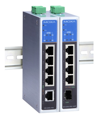 The EDS-G205A-4PoE from Moxa features is designed for high-performance PoE applications and features 5 Gigabit ports and has short circuit detection to prevent burnouts. Courtesy: Moxa