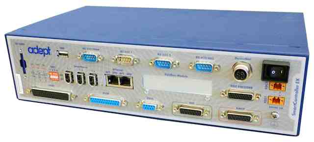 The SmartController EX by Adept is designed to control robots and features Gigabit Ethernet and a processor that is ten times more powerful than previous models. Courtesy: Adept