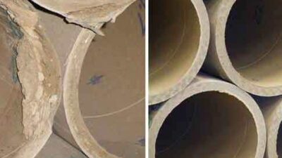 Core stack: Weighing in at 100 lb with a 16-in. dia., each of these industrial-strength cardboard cylinders can carry a roll of paper up to 30 ft in circumference. Automated handling reduced risk. Courtesy: Rockwell Automation Cores before and after: Pap