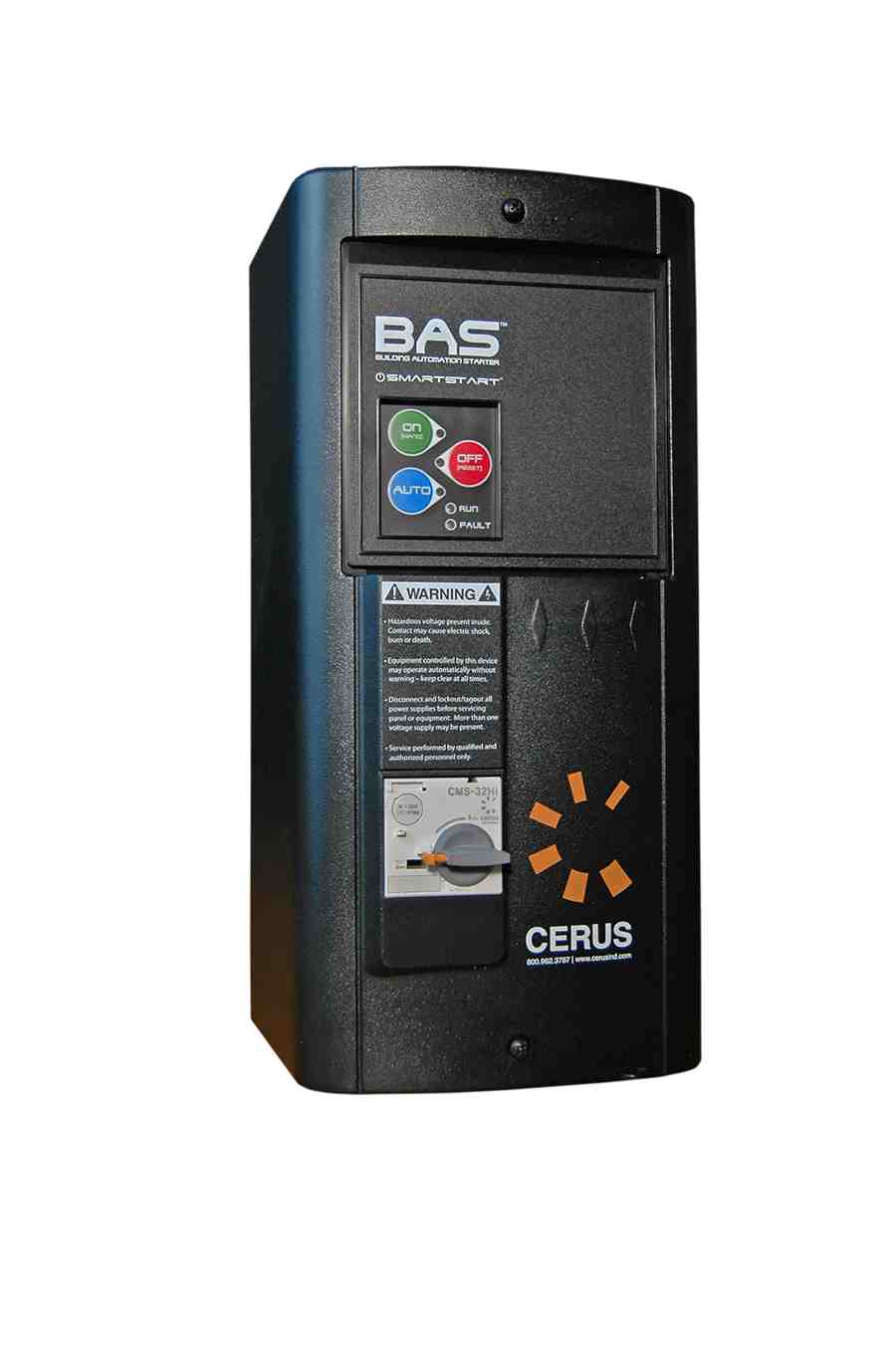 The BAS motor controls from Cerus Industrial accept dry voltage inputs and include other options like auto run and predictive calibration. A single model accepts up to 600VAC and motor loads up to 40A. Courtesy: Cerus Industrial