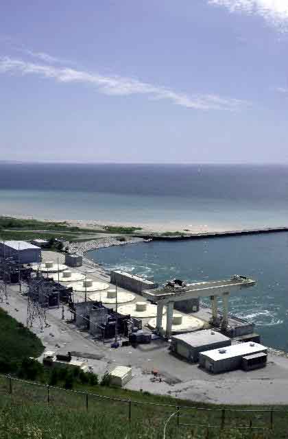 Six reversible pump turbines are located in the powerhouse at the water intake-discharge section of the Ludington pumped-storage plant. Courtesy: Consumers Energy