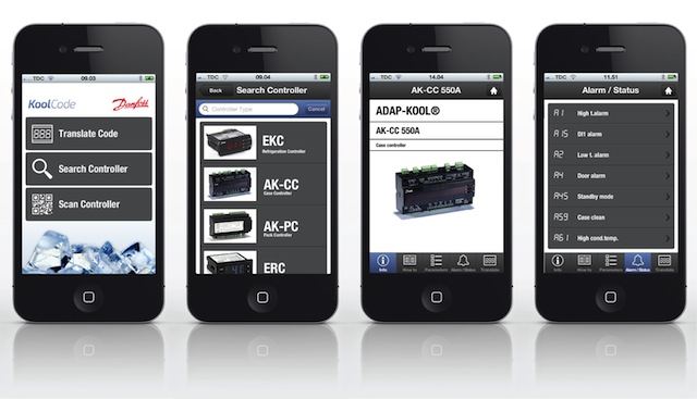 KoolCode by Danfoss is an app for Android and iPhone allows technicians and engineers to look up alarm, error, and status codes for refrigeration controllers as well as link up to the KoolApp library. Courtesy: Danfoss