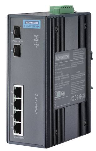Advantech's EKI-2726FHPI is designed for industrial applications and is able to do PoE+ and is DIN-rail mountable. Courtesy: Advantech