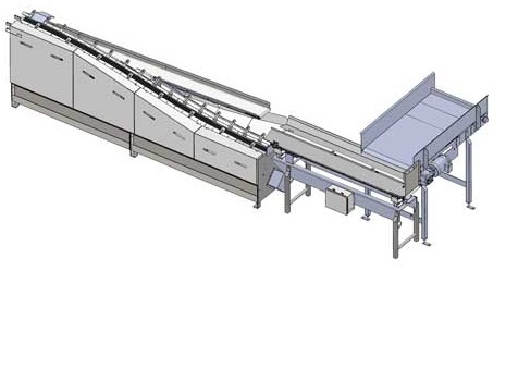 FlowTech feeder has a hopper (on the right) that receives products from a tote dumper, manual dump, or automated delivery; holds them in bulk; and reintroduces the product on demand. A metering conveyor gently spreads the product from bulk using load cell